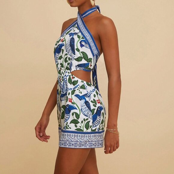 Blue And White Boho Women's Vacation Chiffon Backless Tie Strap Mini Dress - Picture 4 of 6